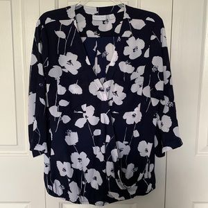 New York and Company Blouse - Size L - Navy Blue/White